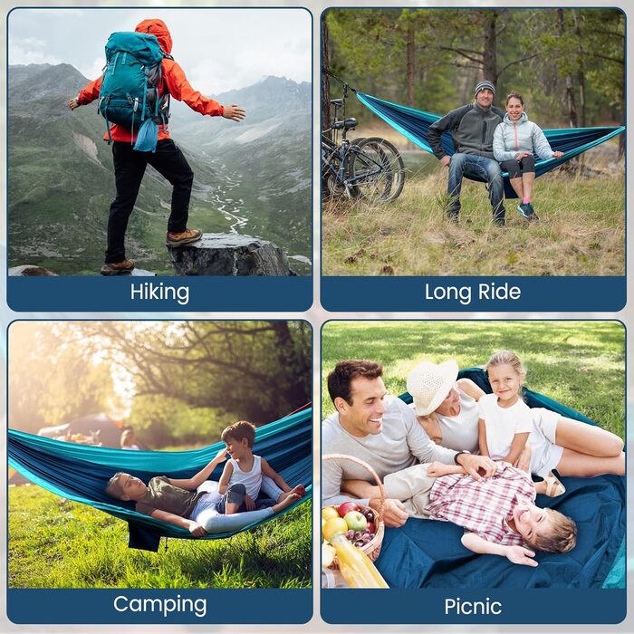 Гамак для двох осіб XXL 300 x 200 см – Складаний, ультралегкий та портативний. Міцний гамак для відпочинку на природі (300 кг) – ідеально для саду, кемпінгу та подорожей (блакитний)