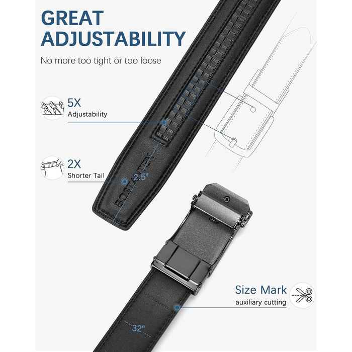 Чоловічий шкіряний ремінь BOSTANTEN з автоматичною застібкою-разом, 35 мм, регульована довжина 115 см (32'-38'), чорний