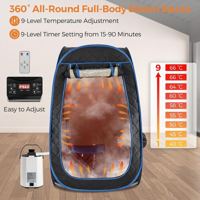 Портативна парова сауна HOMASIS для дому з генератором пари 3 л, пульт дистанційного керування, 9 температурних режимів та 9 таймерів, сауна-намет з відкидним стільцем та масажером для ніг (Чорний)