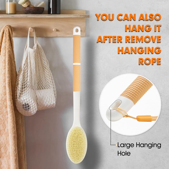 Щітка для душу з антиковзним покриттям, довга ручка з жорсткою та м'якою щетиною, для миття тіла, пілінгу та скрабу спини, помаранчевого кольору