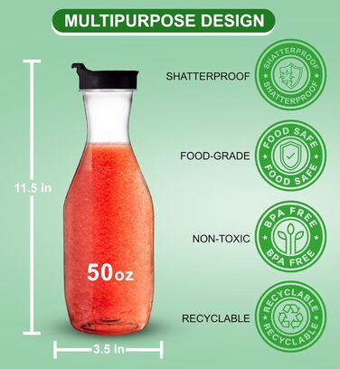 Party Bargains Plastic Carafe with Lid, Transparent, 2 Pack, Black Flip-Top Lid, Premium Quality and Robust Plastic Jug for Iced Tea, Powdered Juice, Cold Drinks, Mimosa Bar, 1.5 L