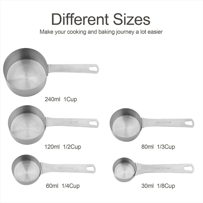Smithcraft Measuring Cup Set, 7 Pieces, 18/8 Stainless Steel, Silver, Measuring Cups, for Dry and Liquid Ingredients, Metric and US Measurements, Engraved, 240 ml, 9 pieces