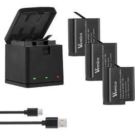 Зарядний комплект Vemico Hero 7/6/5: 3 акумулятори 1500mAh, зарядний пристрій з LED, Type-C, сумісний з Hero 7/6/5/2018, AHDBT-501
