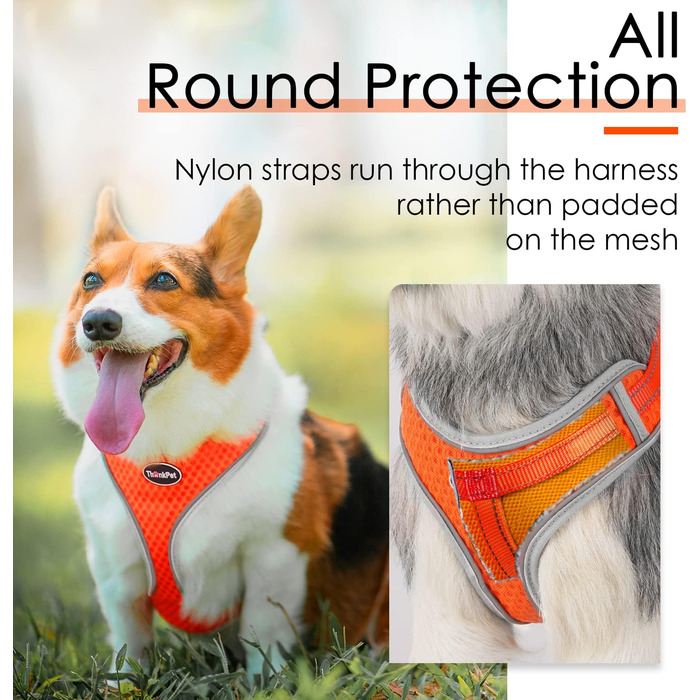 Шлейка для собак ThinkPet No-Pull, дихаюча, для малих, середніх та великих собак, регульована, м'яка, для прогулянок, з контролем, з підкладкою, світловідбиваюча (Помаранчевий, S, 1 шт.)