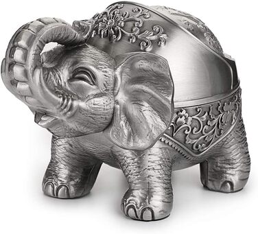BSTKEY Vintage Ashtray with Lid – Elephant Shape, Table Ashtray, for Indoor and Outdoor Use, Retro, for Home, Office, Decoration Silver
