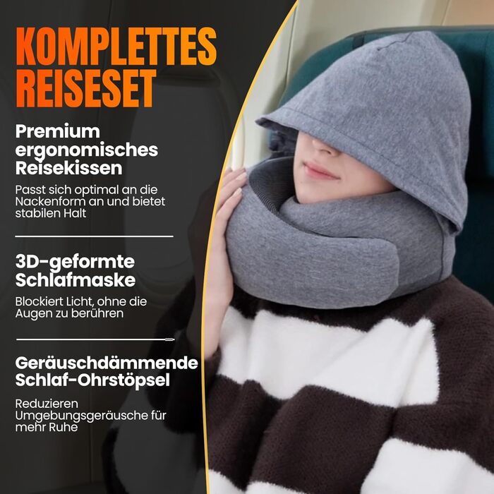 Подушка для шиї в літак, авто: 100% бавовна, Memory Foam, зручна, легка, повний набір для подорожей (маска для сну, беруші) - (Sakura Pink, Hooded Pro)