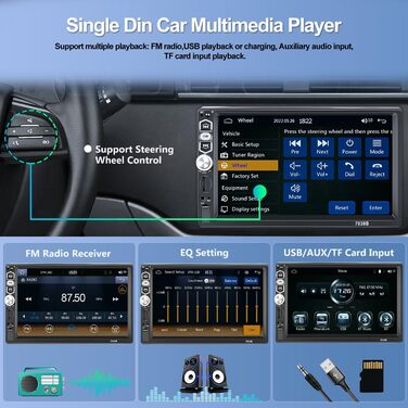 Автомагнітола SIXWIN 1 DIN з 7'' сенсорним екраном, Apple CarPlay, Android Auto, Bluetooth, FM, USB/AUX/TF, з камерою заднього виду, мікрофоном та пультом