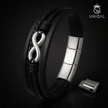 Браслет шкіряний UNIQAL 'ETERNAL' - нескінченність, срібний, 19 см, з магнітним застібкою, в подарунковій коробці