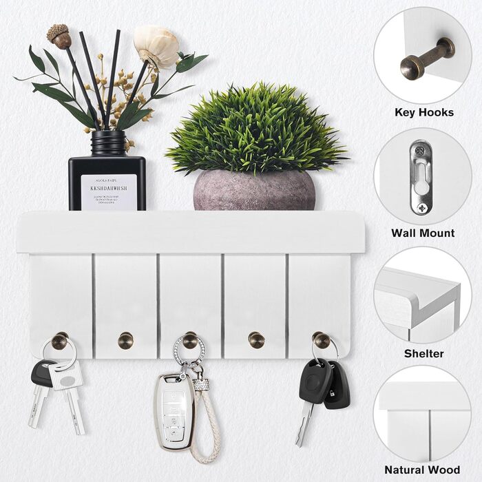 Дерев'яне ключниця з полицею, білий колір, 5 гачків, декоративна настінна полиця для прихожої, кухні, спальні