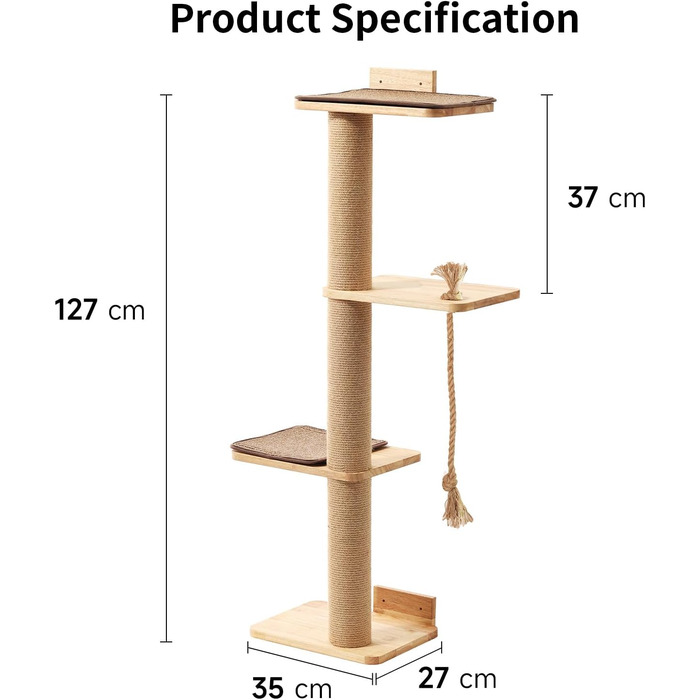 Котячий будиночок FUKUMARU: когтеточка, ліжко, когтешліф з джуту, 127,7 см, масивне дерево