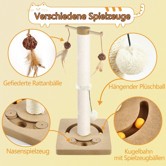 Котяча кігтеточка AUSCAT з іграшками, 63 см, бежева. Кігтеточка-стовп з натурального сизалю в сучасному дизайні