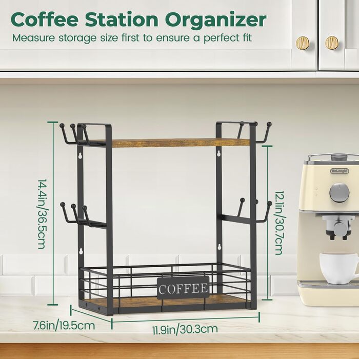EsLuker.ly 2-Tier Mug Rack Stand for Countertop, 12 Hook Mug Shelf Wall with Storage Basket, Metal Wood Mug Stand Mug Organizer for Coffee Bar Kitchen, Vintage Brown-Black