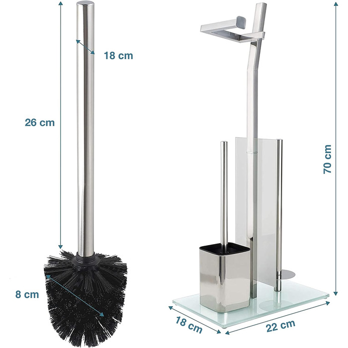 Набір для ванної кімнати з тримачем для туалетного паперу – Хромований, без свердління, з нержавіючої сталі, скляний підстав, 32x20x70 см, проста установка, 1 та 2 щітки, срібний