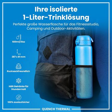 Ion8 Vacuum Insulated Stainless Steel Water Bottle, 1 Liter, 920 ml, Leak-Proof, One-Handed Opening, Secure Locking, Dishwasher Safe, Carrying Handle, Durable, Ideal for Sports and Yoga (OneTouch 2.0, Blue)