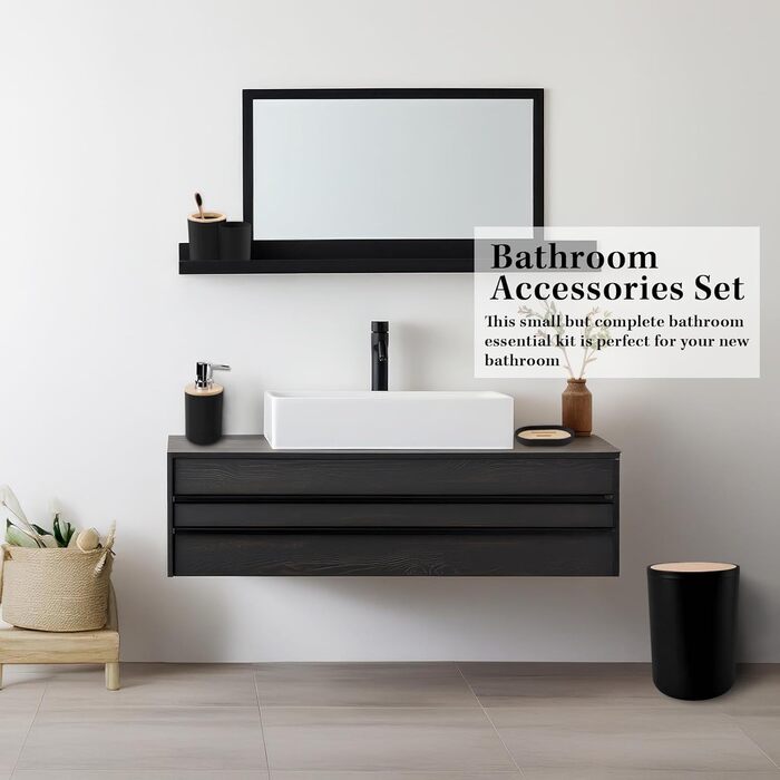 Набір аксесуарів для ванної кімнати Britimes, чорний: шторка для душу, сміттєвий бак, дозатор мила, тримач для унітазу, тримач для зубних щіток та стаканчик для зубних щіток