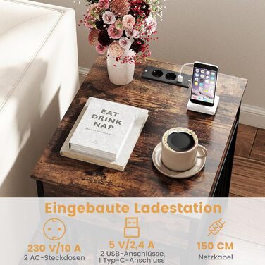 Клітка для собак COSTWAY, вольєр для собак з зарядною станцією, дверцятами, ящиком та металевими трубами, собача будка, приліжкова тумбочка, для маленьких та середніх собак, вінтажний коричневий, 50 x 60 x 64 см