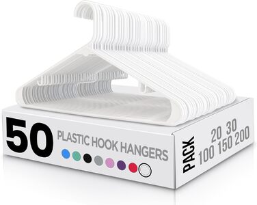 Пластикові вішалки Utopia Home, 50 шт., з гачком — міцні та компактні білі плечики для одягу, спідниць, штанів, суконь