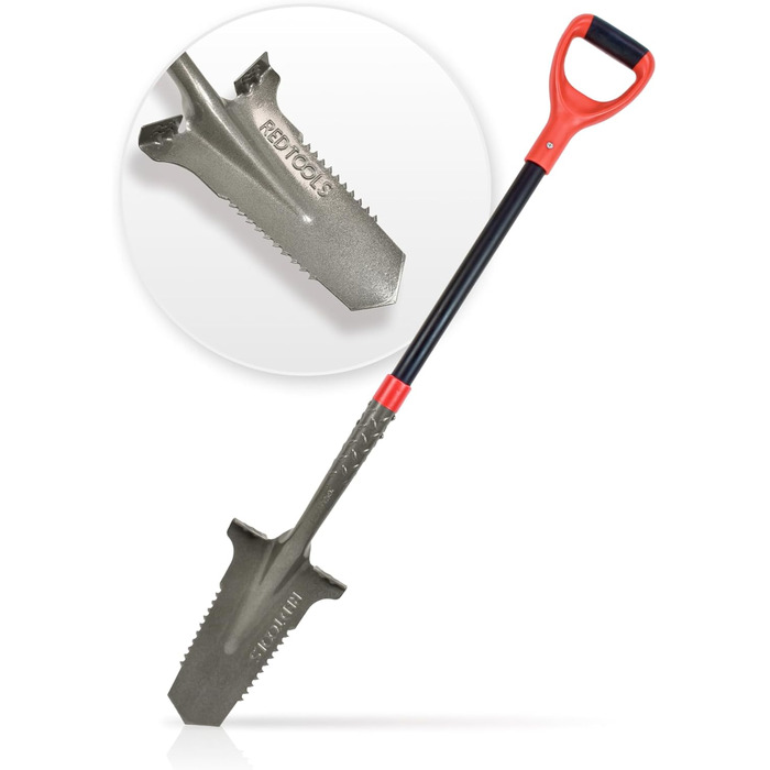Садова лопата Red Tools Power Head з кореневою пилкою, 115 см, міцне лезо для кам'янистих і твердих ґрунтів, із підпорою для ноги та м'якою ручкою (сіра)
