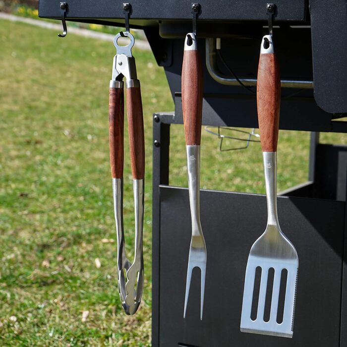 Набір гриль-посуду Grillart® Premium: 3 предмети з нержавіючої сталі та дерев'яними ручками (щипці, лопатка, виделка)