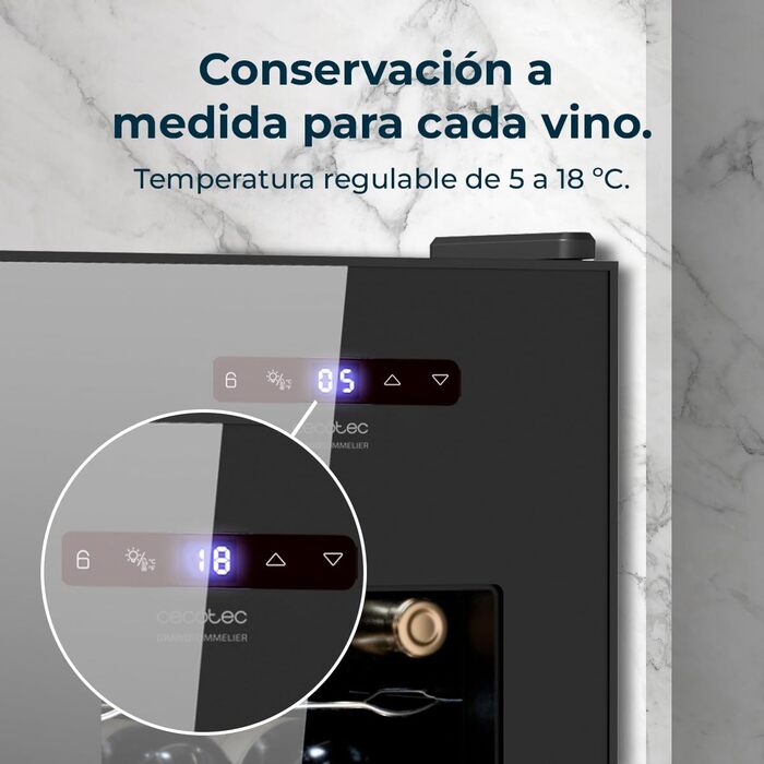 Cecotec Bolero GrandSommelier 830 CoolWood Wine Refrigerator, Thermoelectric, Quiet and High Performance, Adjustable Temperature: 8-18ºC, Touch Control Panel, Displays, Eco-friendly. (15 Bottles, Black)
