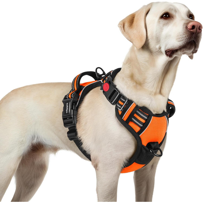 Нашийник для собак Rabbitgoo великих порід, регульований, анти-тяга, з ручкою, м'який, світловідбиваючий, помаранчевий, L (1 шт.)