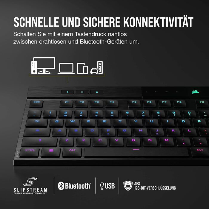 Ігрова механічна клавіатура Corsair K100 Air Wireless RGB з перемикачами Cherry MX Ultra Low Profile, Bluetooth, QWERTZ DE, чорна