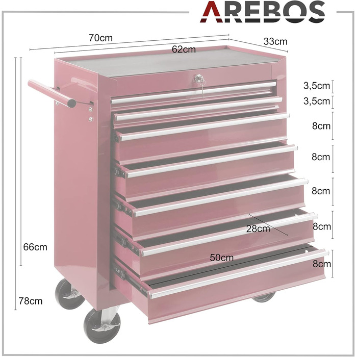Arebos 7-Drawer Tool Cart | Central Locking Tool Wagon with 2 Keys & Anti-Slip Mats | Ball Bearing Drawers | 2 Wheels with Brake | (Red)