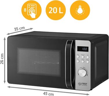 Мікрохвильова піч з грилем TZS First Austria 20L - 2-в-1, 700/800W, 8 програм, LED-дисплей, нержавіюча сталь, захист від дітей, чорний