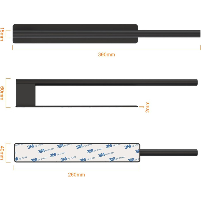 Тримач для рушників Ibergrif M34453A без свердління, 39 см, нержавіюча сталь 304, самоклеючий, чорний