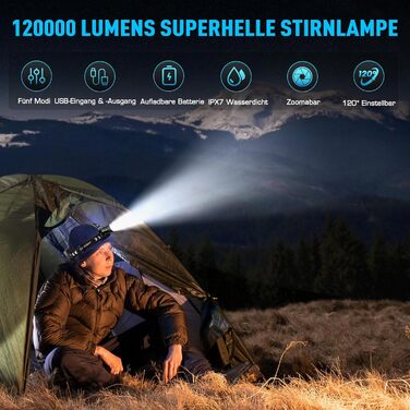 Rechargeable LED Headlamp, Super Bright 120000 Lumens Headlamp with 5 Light Modes & IPX7 Waterproof & 9000mAh BATTERY & Zoomable, 120° Adjustable Headlamp for Camping, Fishing, Outdoor