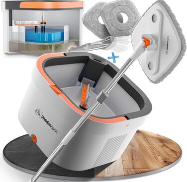 Набір для миття підлоги Wischmopp з відром | Система з 2 камери для розділення брудної та чистої води | Ефективний мийник підлоги з функцією віджиму | Сірі насадки