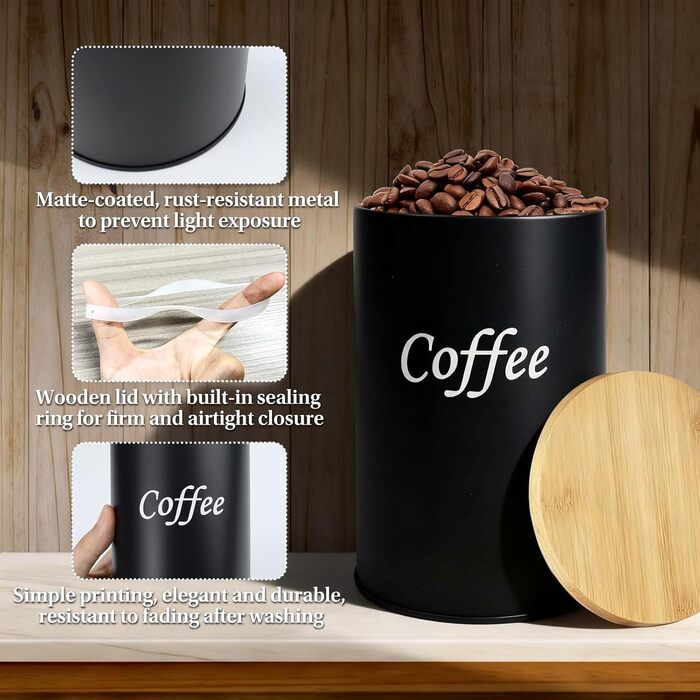 Набір з 2 кавових контейнерів (чорний та білий), 1000 мл, бамбукові кришки, для кавових зерен, меленої кави та капсул – подарунок для пар та поціновувачів кави