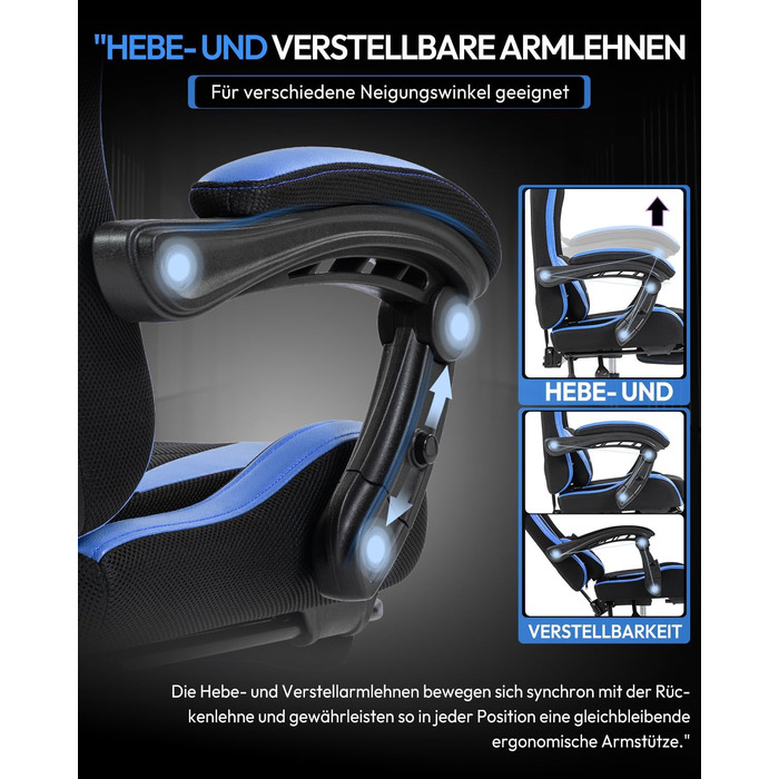 Геймерське крісло Nexthra Ergonomisch з підставкою для ніг, до 180 кг, блакитне. Регульована спинка 150°, для геймінгу та офісу