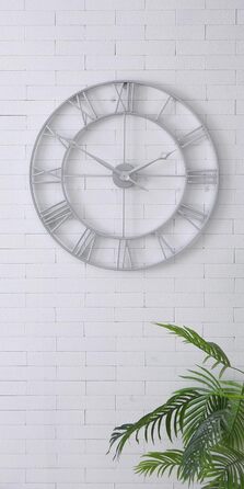 Samilito Large Wall Clock in Vintage Style, Round, Silent, Silver. Includes a FREE extra set of black clock hands. Metal clock for Loft, Living Room, Bedroom, and Kitchen decoration (Silver, 76 cm)