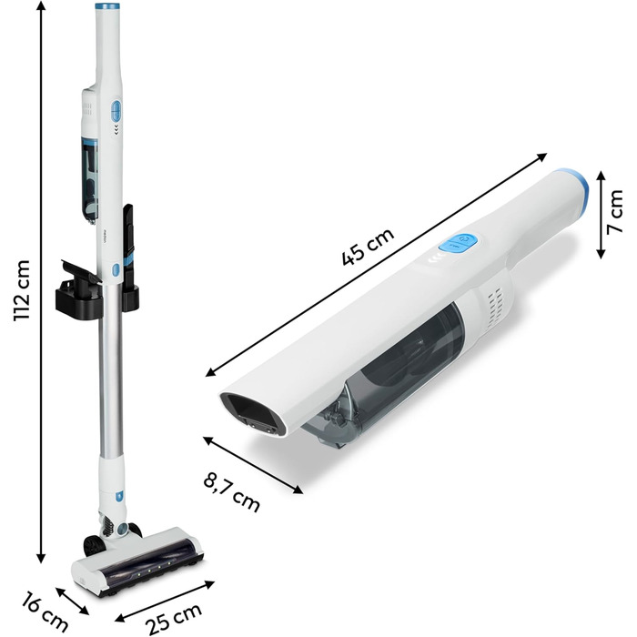 MEDION MD11515: Бездротовий акумуляторний пилосос 2-в-1 (білий) з насадкою для підлоги та трубою, BLDC мотор, HEPA 13 фільтр, 20 kPA, станція зарядки