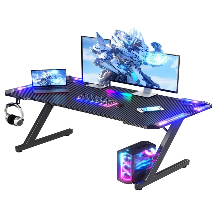 Ігровий стіл Homall з RGB LED-підсвіткою та підстаканником, 140x60 см, чорний
