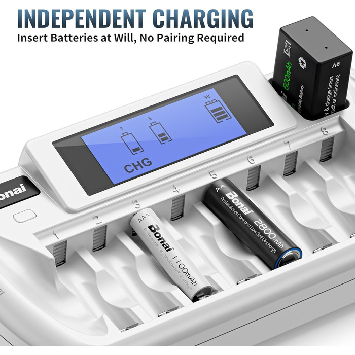 Зарядний пристрій BONAI для акумуляторів 9 слотів LCD, універсальний, інтелектуальний зарядний акумулятор з функцією розряду для AA/AAA/9V NI-MH акумуляторів