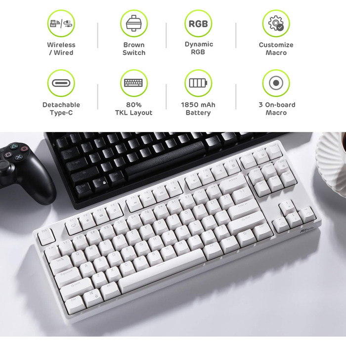 Клавіатура ігрова Royal Kludge RK87G RGB TKL механічна бездротова, 87 клавіш, коричневі тактильні перемикачі, макро-налаштування, підсвічування