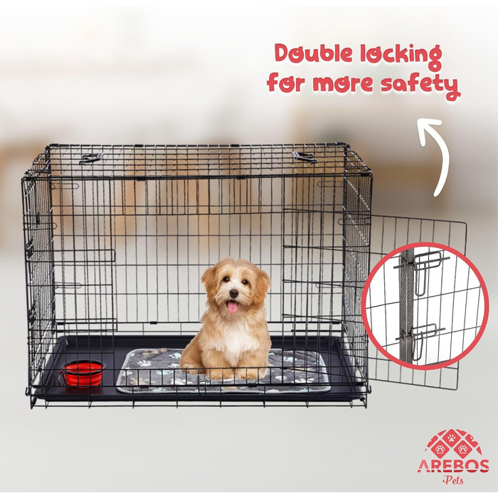 Клітка для собак Arebos | Транспортний бокс для собак, розкладний | Клітка-бокс для собак з 2 дверцятами | Клітка для собак в авто, для дому (63 x 45 x 51 см)