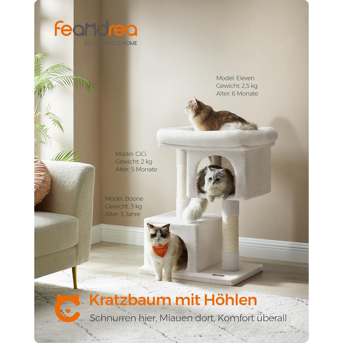 Feandrea Cat Tree, 84 cm Cat Tree, L, Cat House for Large Cats up to 7 kg, Large Platform, 2 Cat Caves, Sisal Posts, PCT61W (L (60 x 40 x 84 cm), Cream White)