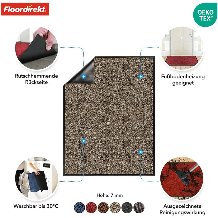 Килимок для підлоги Floordirekt Rhine - миючий, з високою зносостійкістю, з антиковзним покриттям - килимок для вхідної зони (Sparrow), кольор Ocher-black (Meliert), 80 x 120 см