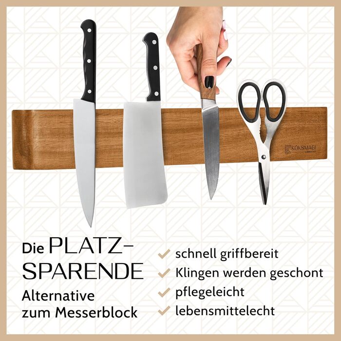 KÖKSMAGI® Magnetic Knife Strip OSKAR (40 cm) - magnetic wooden knife strip with an extremely strong magnet for heavy knives - self-adhesive (3M adhesive tape) & with drilling accessories