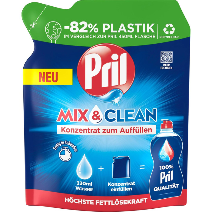 Концентрат для миття посуду PRIL Mix & Clean для дозаправки, засіб для ручного миття з високою жиророзчинною здатністю (9 x 120 мл)