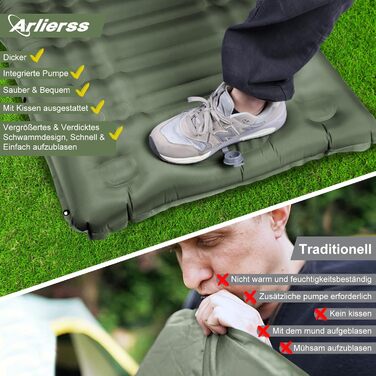 Arlierss Self-Inflating Camping Sleeping Pad with Foot Pump & Pillow - 12cm Thick, Ripstop, Portable, Outdoor, Hiking, Travel, Beach - Army Green