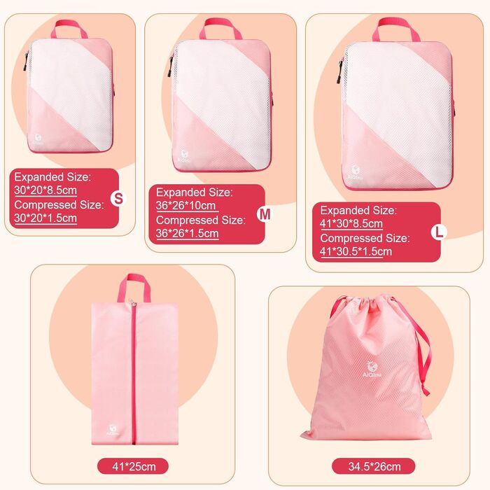 Набір органайзерів для валізи AiQInu: 5 шт. з компресією, мішки для білизни та взуття, рожевий