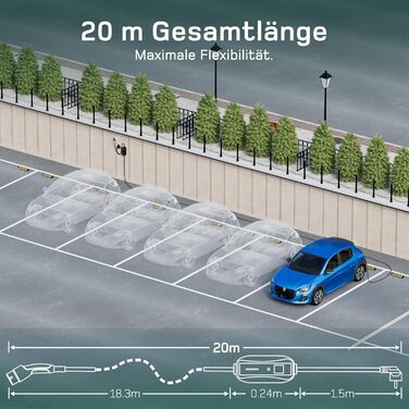 Кабель зарядки Schuko 3.68kW для електромобілів (20м) з цифровим дисплеєм, 6-16A, сумісний з 3008/508, C5X, DS7, GLA, Q3, X3, ZOE, ID.3, ID.4 та іншими PHEV/EV