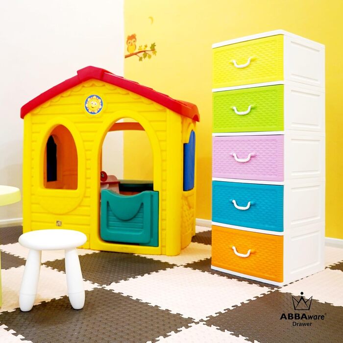 Chest of drawers 44x50x127 cm with 5 large XXL drawers, 40 liters per drawer, with fronts in beautiful candy colors and a modern woven look made from recyclable PP plastic for the environment.
