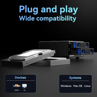 Корпус для жорстких дисків 10Gbps Dual Bay з алюмінію та вентилятором для 2.5/3.5 SATA HDD/SSD з USB A/C 3.2, Hot Swappable, Daisy Chain, DAS (без RAID/NAS)
