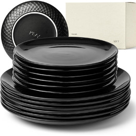 KIVY Dinnerware Set for 6 People [Scratch & Dishwasher Safe] 6x27cm + 6x22cm - Plate Set 12-Piece Modern - Dinnerware Set - Combination Service - Black Dinnerware Set - Black Plate Set - Matte Black Plates