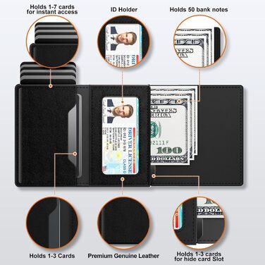Чоловіче картхолдер, тонкий гаманець з магнітною застібкою та відділенням для монет, Pop-Up гаманець з карбону, для 11 карт, з віконцем для ID та відділенням для грошей (Чорний)
